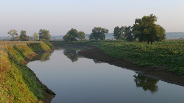 misty river with steep banks on either side and farmers fields in the distance.