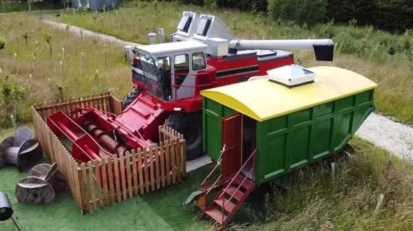converted combine harvester accommodation in field