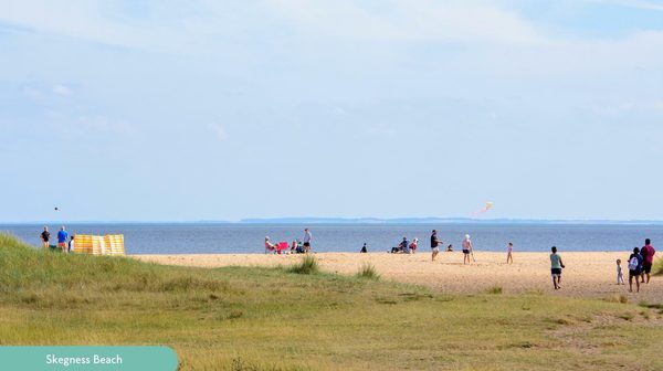 View of sea and beach from afar with families playing in the sand and grass in the foreground