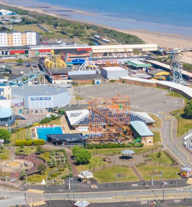 aerial shot of Skegness beach front on sunny day
